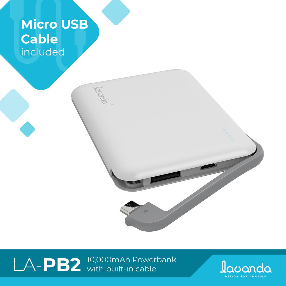 Lavanda LA-PB2 Yamu Power Bank 10,000 mah with built-in Micro USB Cable Lavanda LA-PB2 Yamu Power Bank 10,000 mah with built-in Micro USB Cable