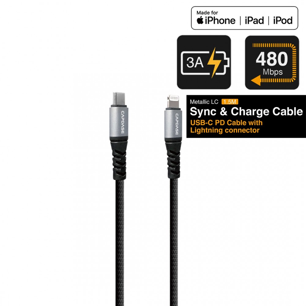Capdase Capdase Cable Sync & Charge Metallic Lightning to USB-C_1.5M  - Space Grey/Black (4894478020068)