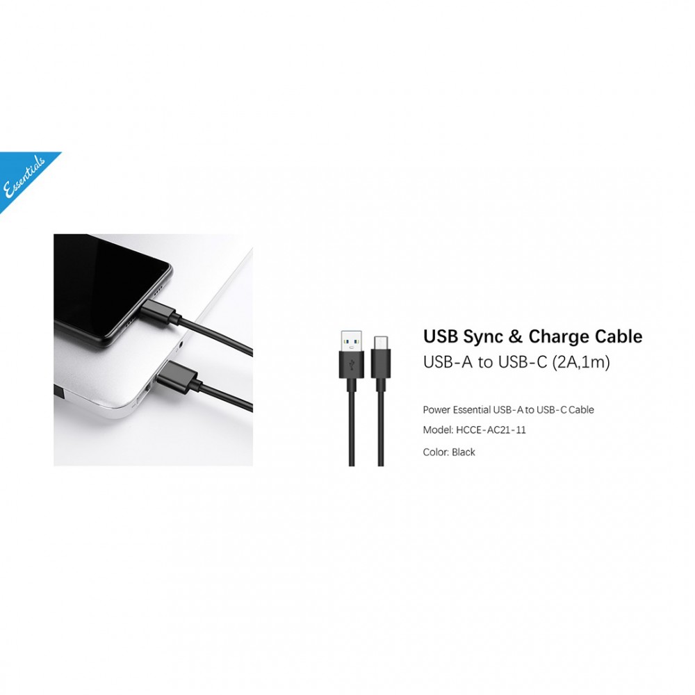 Capdase Capdase Cable Sync & Charge Power Essential USB A to USB C 2A 1M Sync and Charge Cable - Black (4806530882903)